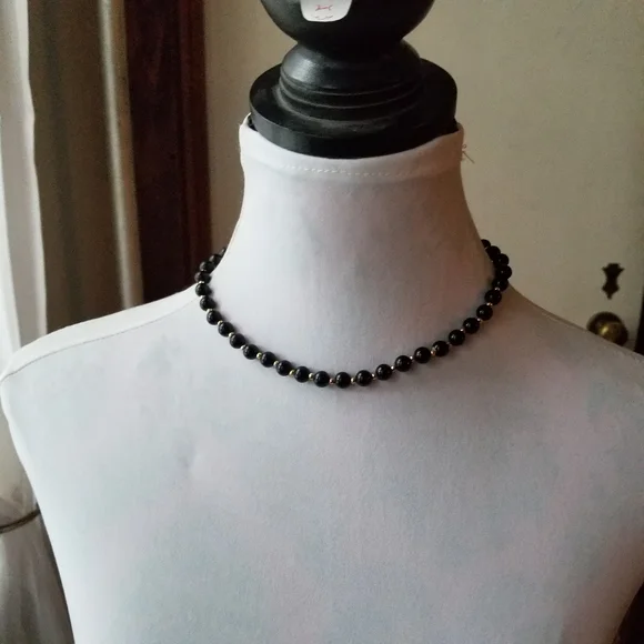 Vintage necklace black beads necklace gold tone retro - Picture 3 of 12
